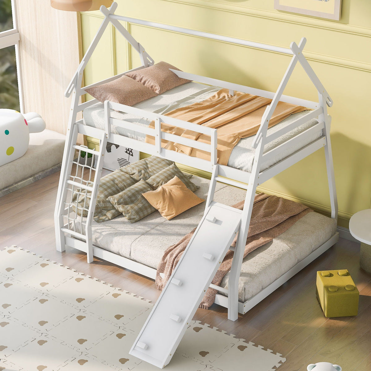 Twin Over Queen Bunk Bed with climbing nets and ramp, white, HouseOfZazla on Tampa Home & Garden Store