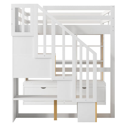 Full size loft bed with desk, drawers and storage staircase in natural/white by HouseOfZazla on Tampa Home & Garden Store