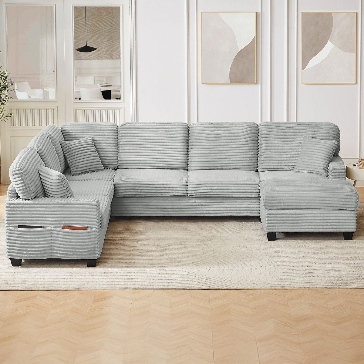 Upholstered U-shaped sectional with movable ottoman & side pockets in gray fabric, 2-piece on Tampa Home & Garden Store