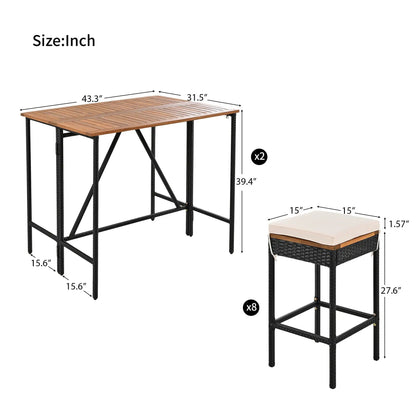Outdoor acacia wood bar-height table with eight cushioned stools on Tampa Home & Garden Store