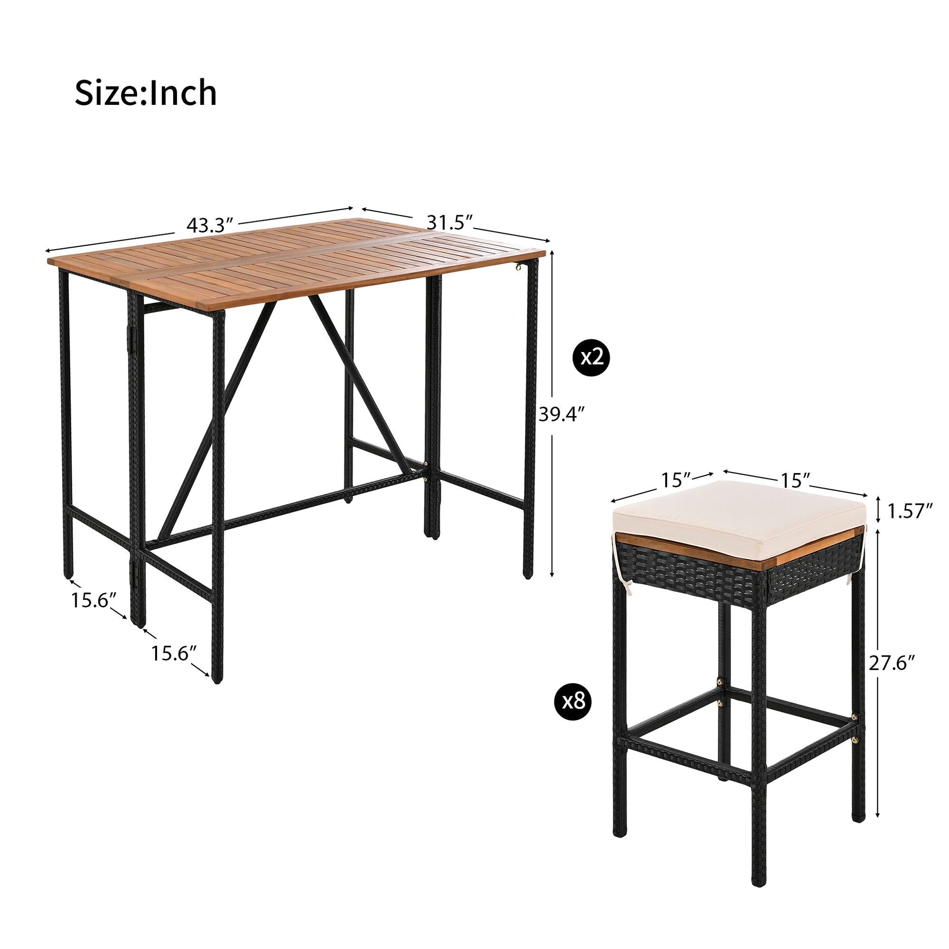 Outdoor Acacia Wood Bar Height Table with Cushions and eight stools by HouseOfZazla on Tampa Home & Garden Store