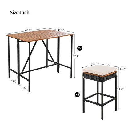 Outdoor Acacia Wood Bar Height Table with Cushions and eight stools by HouseOfZazla on Tampa Home & Garden Store