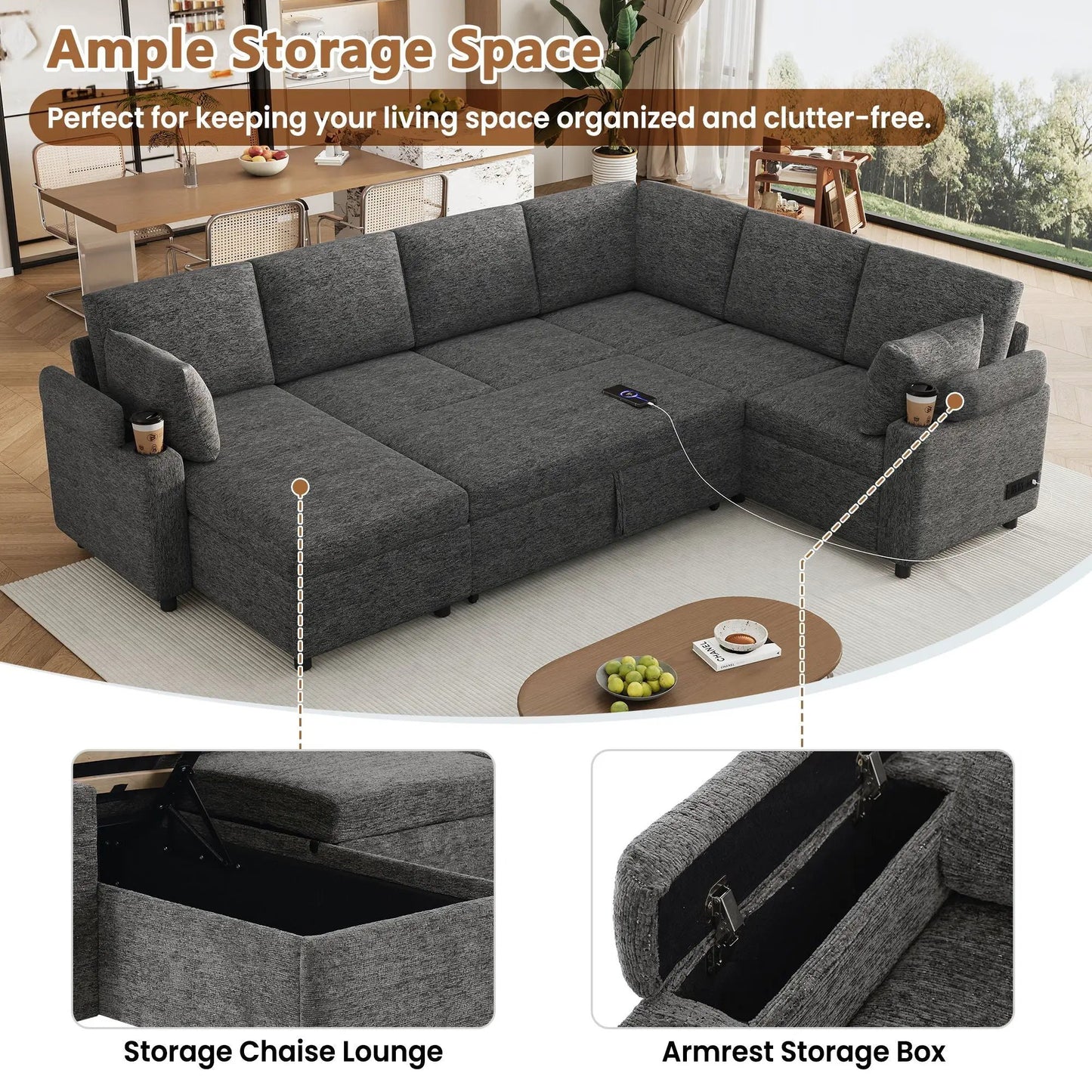 U Shaped Sectional Sleeper Sofa With Ports