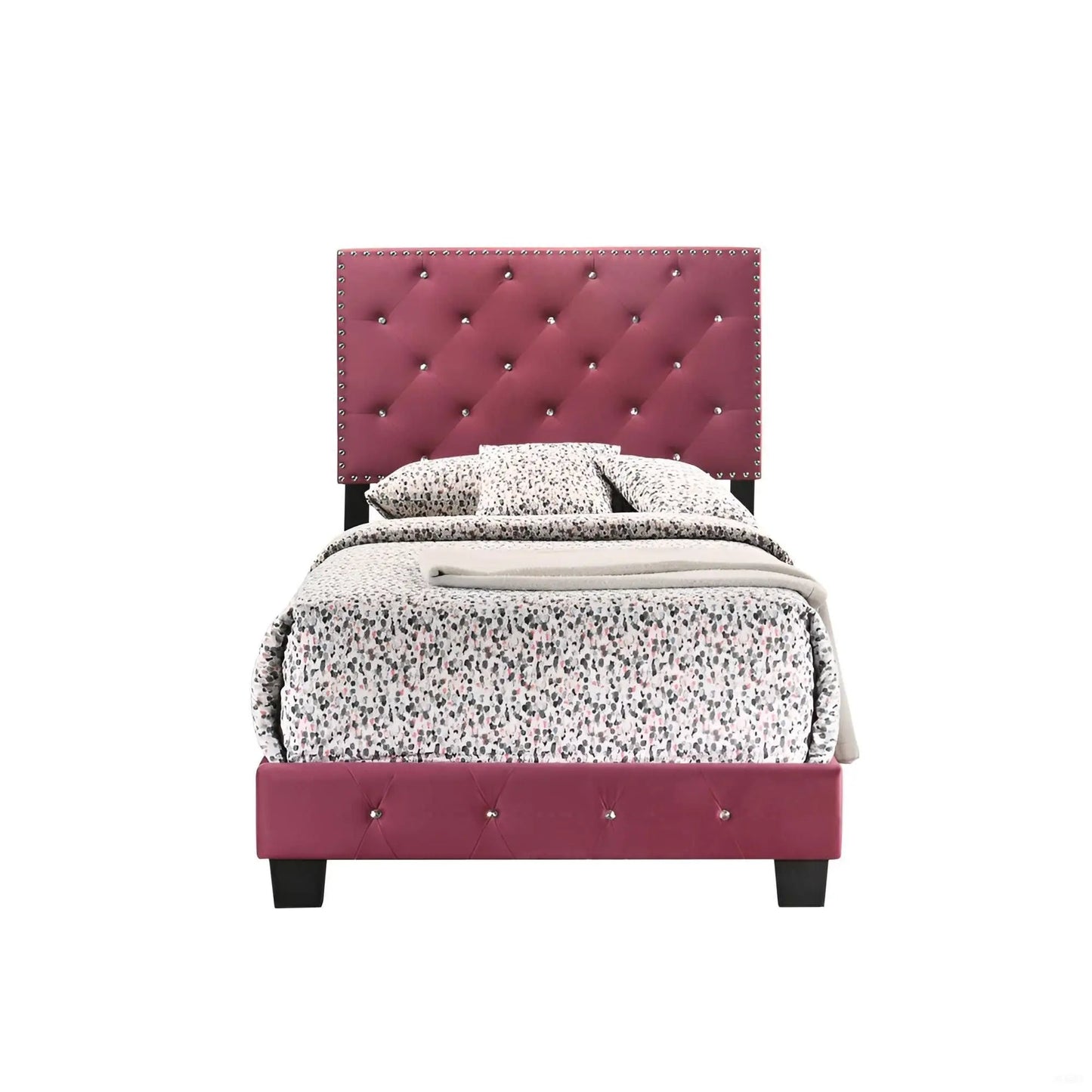 Luxurious pink tufted upholstered bed with tall diamond tufting headboard and nailhead trim on Tampa Home & Garden Store