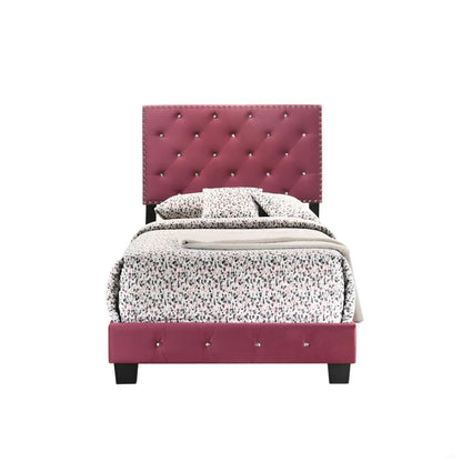 Luxurious pink tufted upholstered bed with tall diamond tufting headboard and nailhead trim on Tampa Home & Garden Store