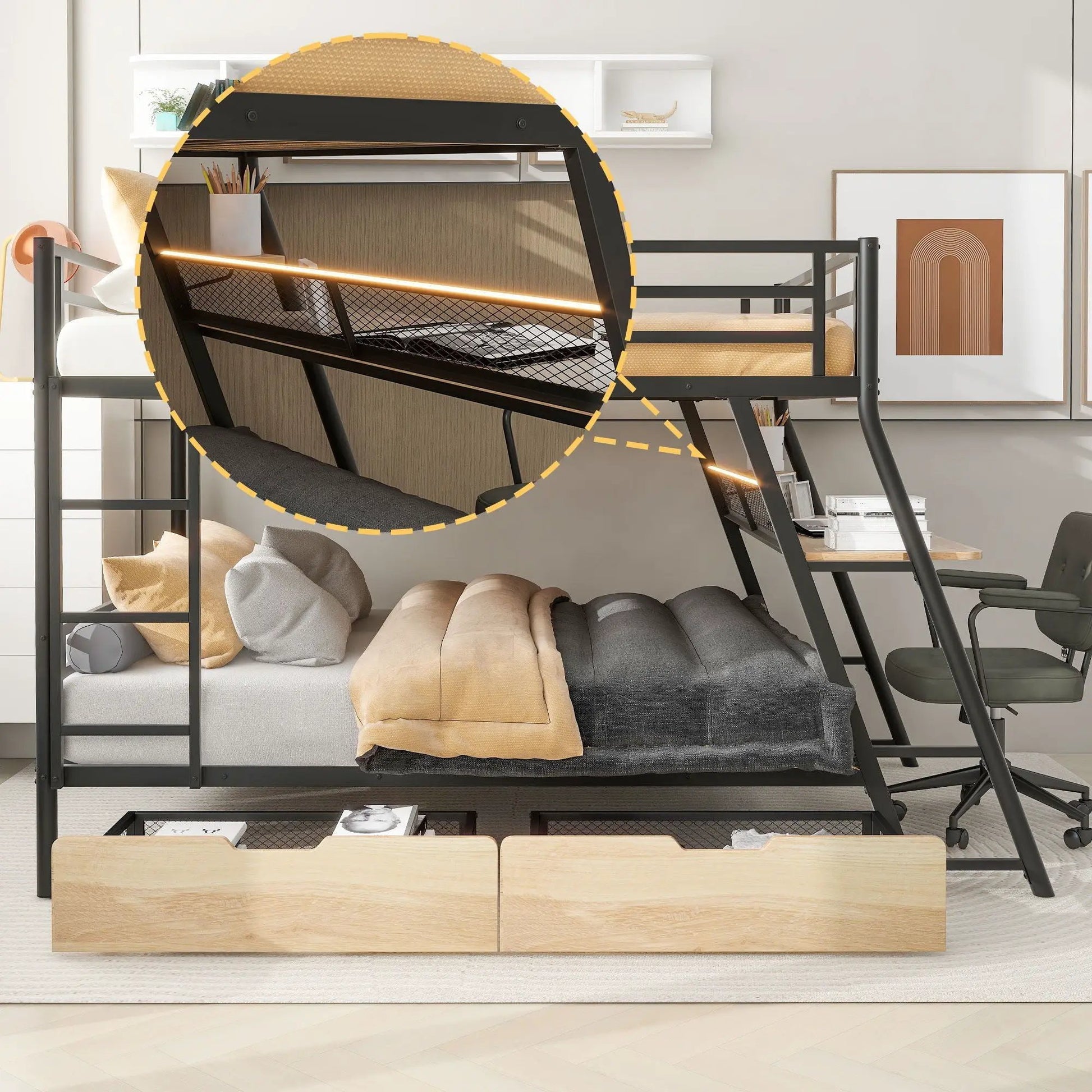 Black full-size bunk bed with built-in desk, drawers, and light by Unique Piece Furniture on Tampa Home & Garden Store