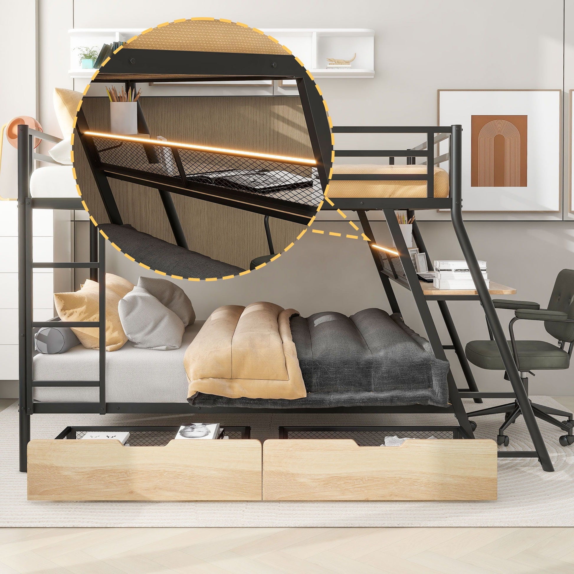 Full size bunk bed with built-in desk, bed light, and 2 drawers in black by HouseOfZazla on Tampa Home & Garden Store