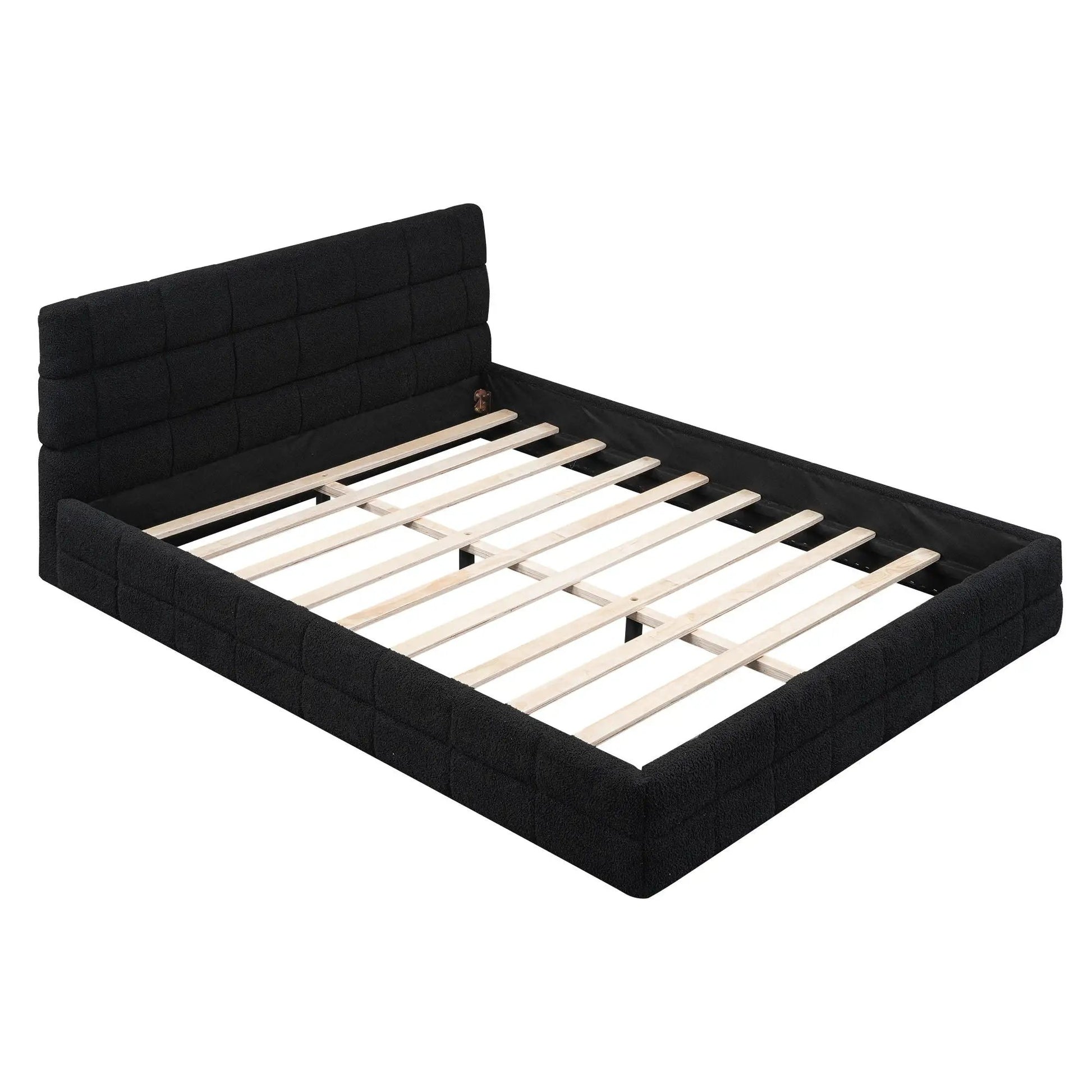 Upholstered platform bed with headboard in black fabric, wood slat foundation on Tampa Home & Garden Store