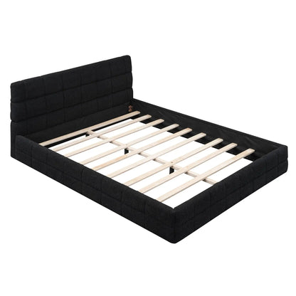 Upholstered platform bed with headboard in black fabric, wood slat foundation on Tampa Home & Garden Store