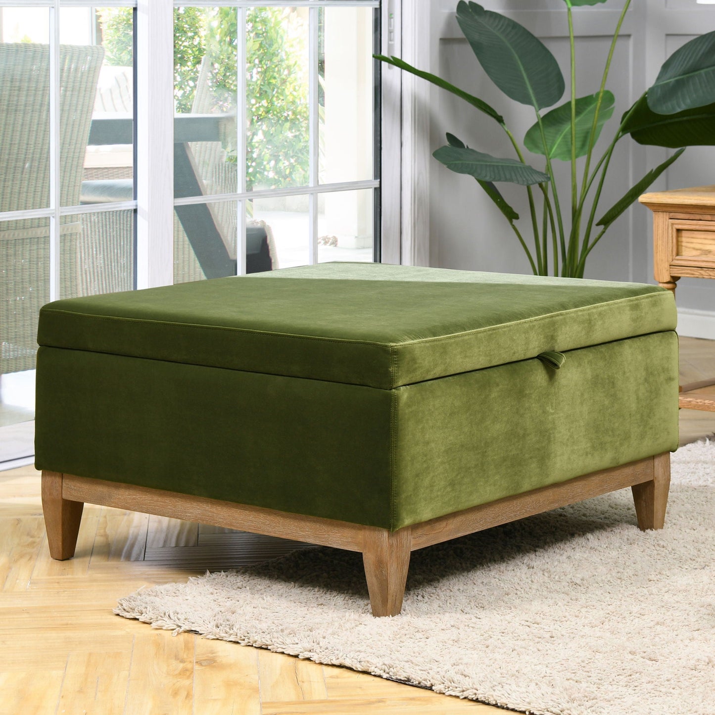 Knox square olive green storage ottoman fabric upholstery with wood legs on Tampa Home & Garden Store
