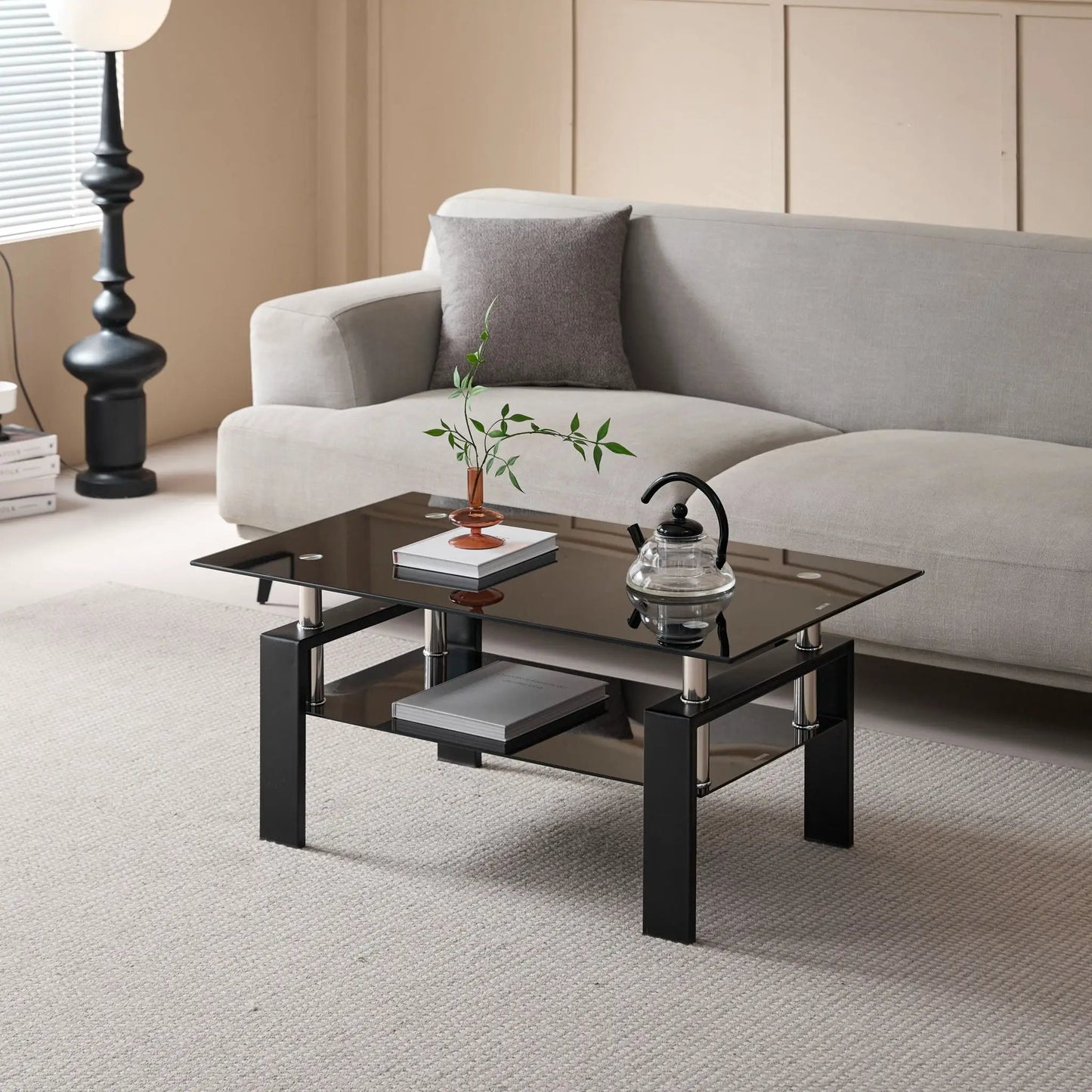 Tempered Glass Table With Storage For Living Room