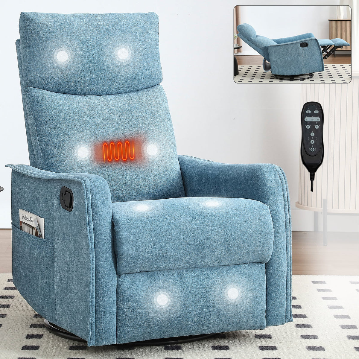 Blue fabric heat massage recliner chair with rocker and swivel, remote control, and side pocket on Tampa Home & Garden Store
