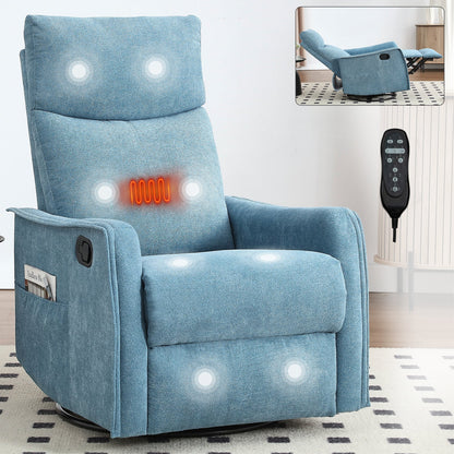Blue fabric heat massage recliner chair with rocker and swivel, remote control, and side pocket on Tampa Home & Garden Store