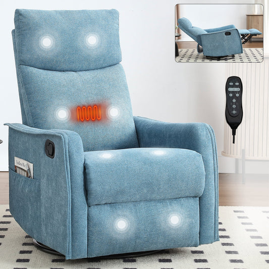 Blue fabric heat massage recliner chair with rocker and swivel, remote control, and side pocket on Tampa Home & Garden Store