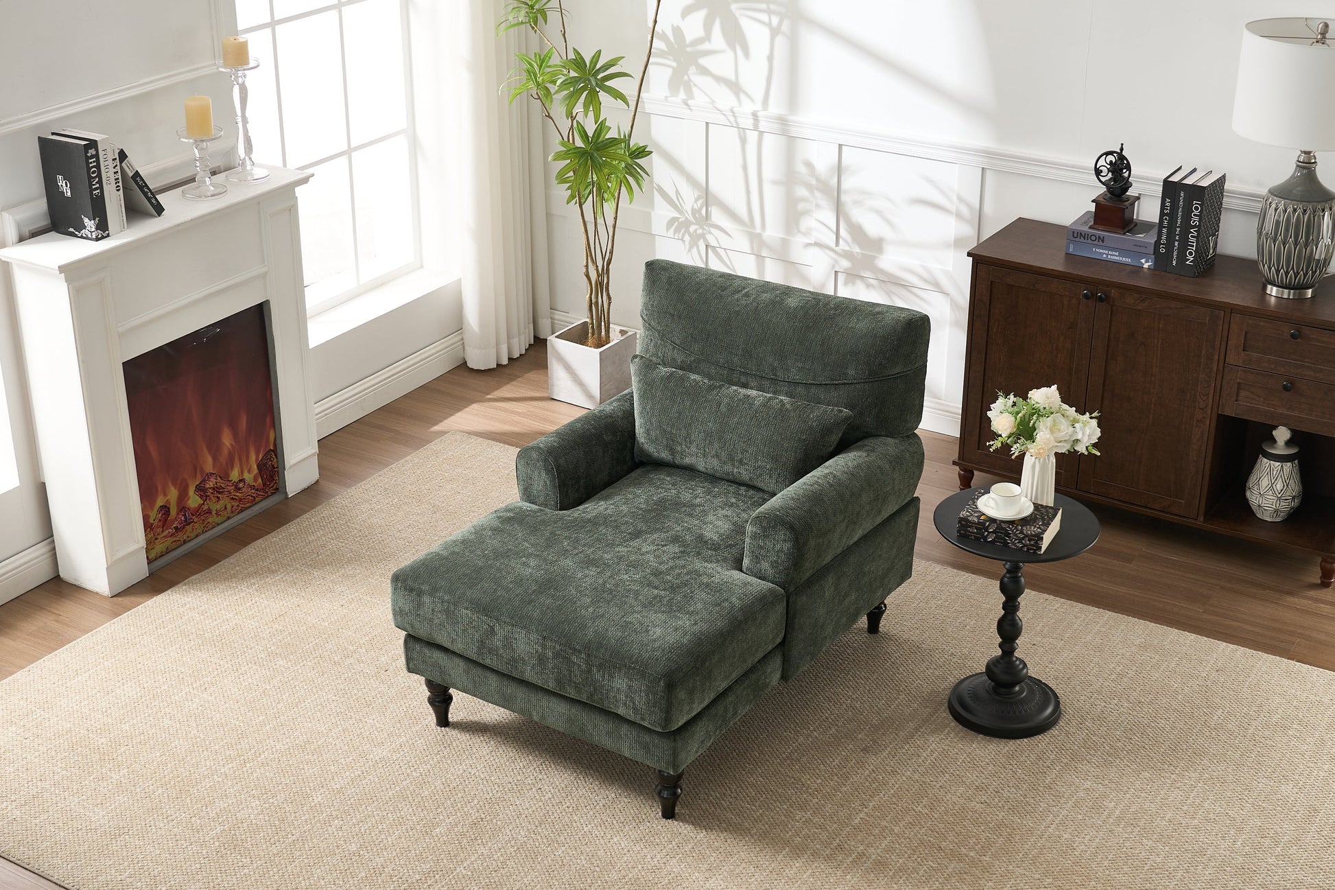 Green chaise lounge recliner chair by HouseOfZazla in a chic room with plant and cabinet on Tampa Home & Garden Store
