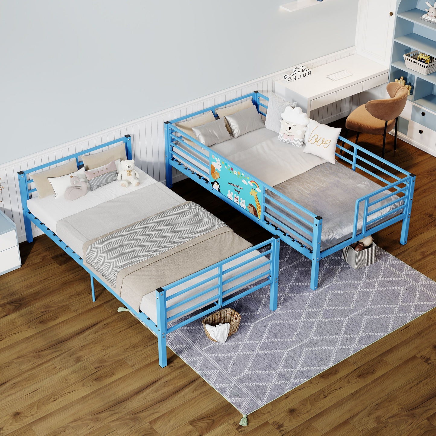 Blue bunk bed frames by HouseOfZazla convertible to two twin beds with guardrails and ladder on Tampa Home & Garden Store