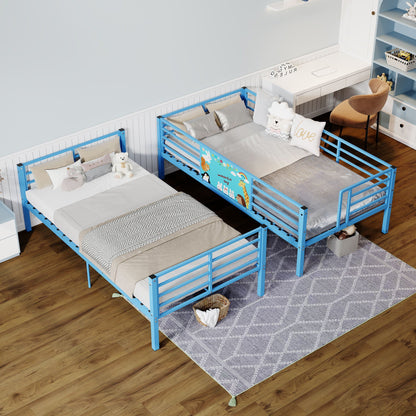 Blue bunk bed frames by HouseOfZazla convertible to two twin beds with guardrails and ladder on Tampa Home & Garden Store