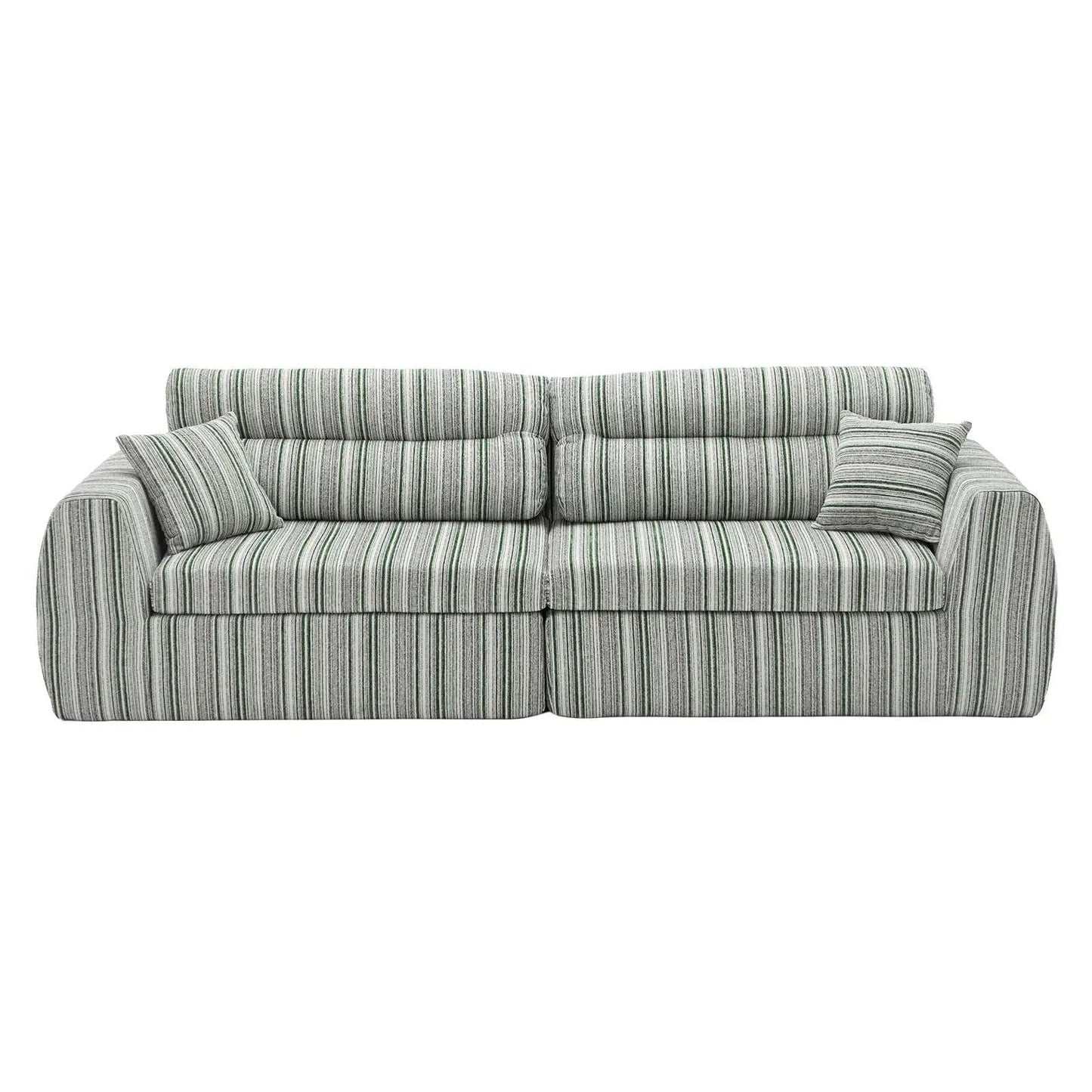 3 Seater couch in green striped fabric with two throw pillows on Tampa Home & Garden Store