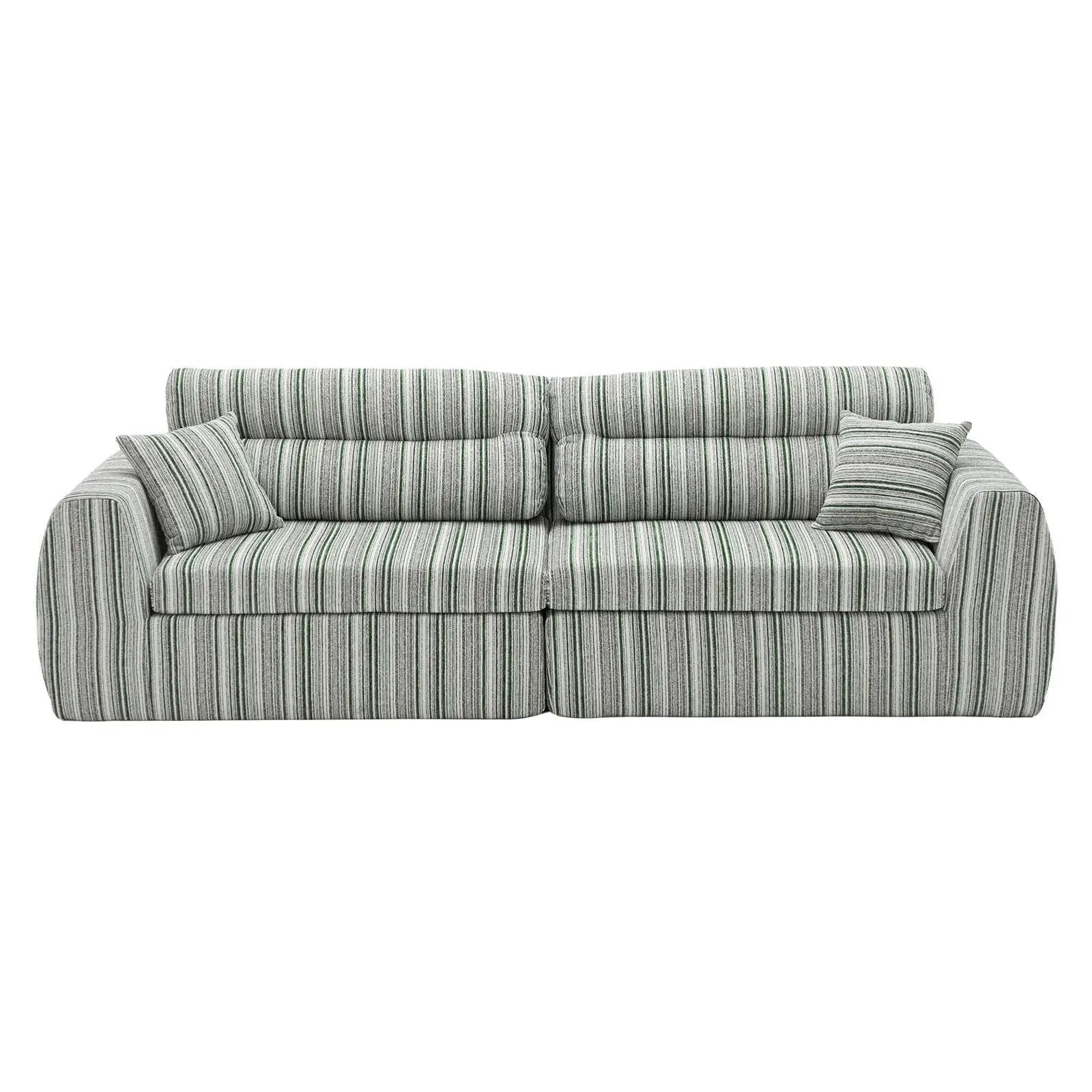 3 Seater couch in green striped fabric with two throw pillows on Tampa Home & Garden Store
