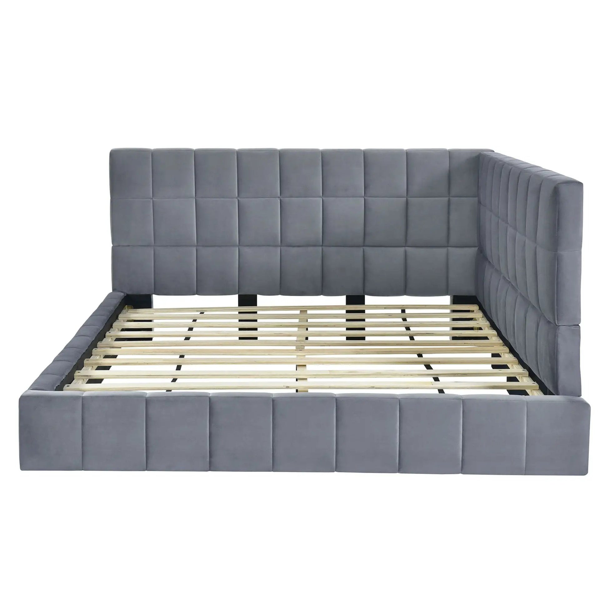 Full-size gray upholstered daybed sofa bed frame with square tufted panels on Tampa Home & Garden Store