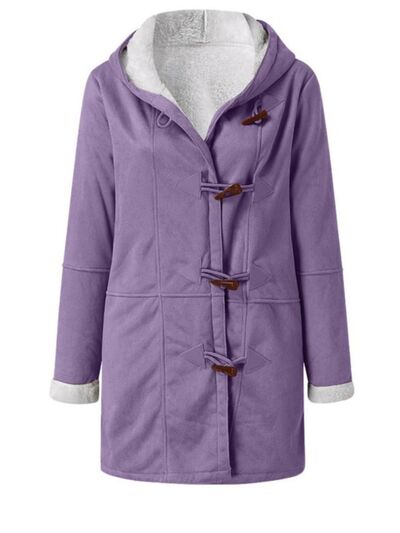 Full Size Pocketed Long Sleeve Hooded Toggle Jacket by Stevvex, purple with fleece-lined hood on Tampa Home & Garden Store