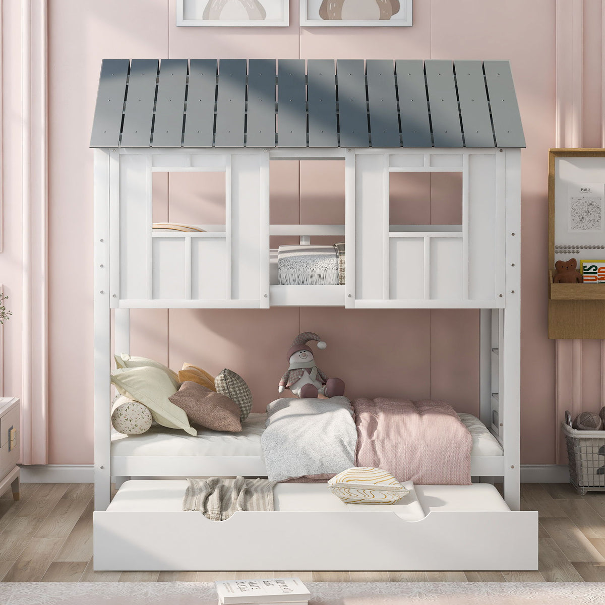 Twin-size house bunk bed with trundle, roof and windows in white/gray by HouseOfZazla on Tampa Home & Garden Store