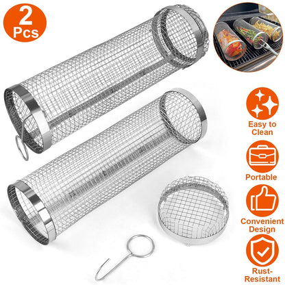 2-pack GemGear portable stainless steel round BBQ rolling baskets with removable covers on Tampa Home & Garden Store
