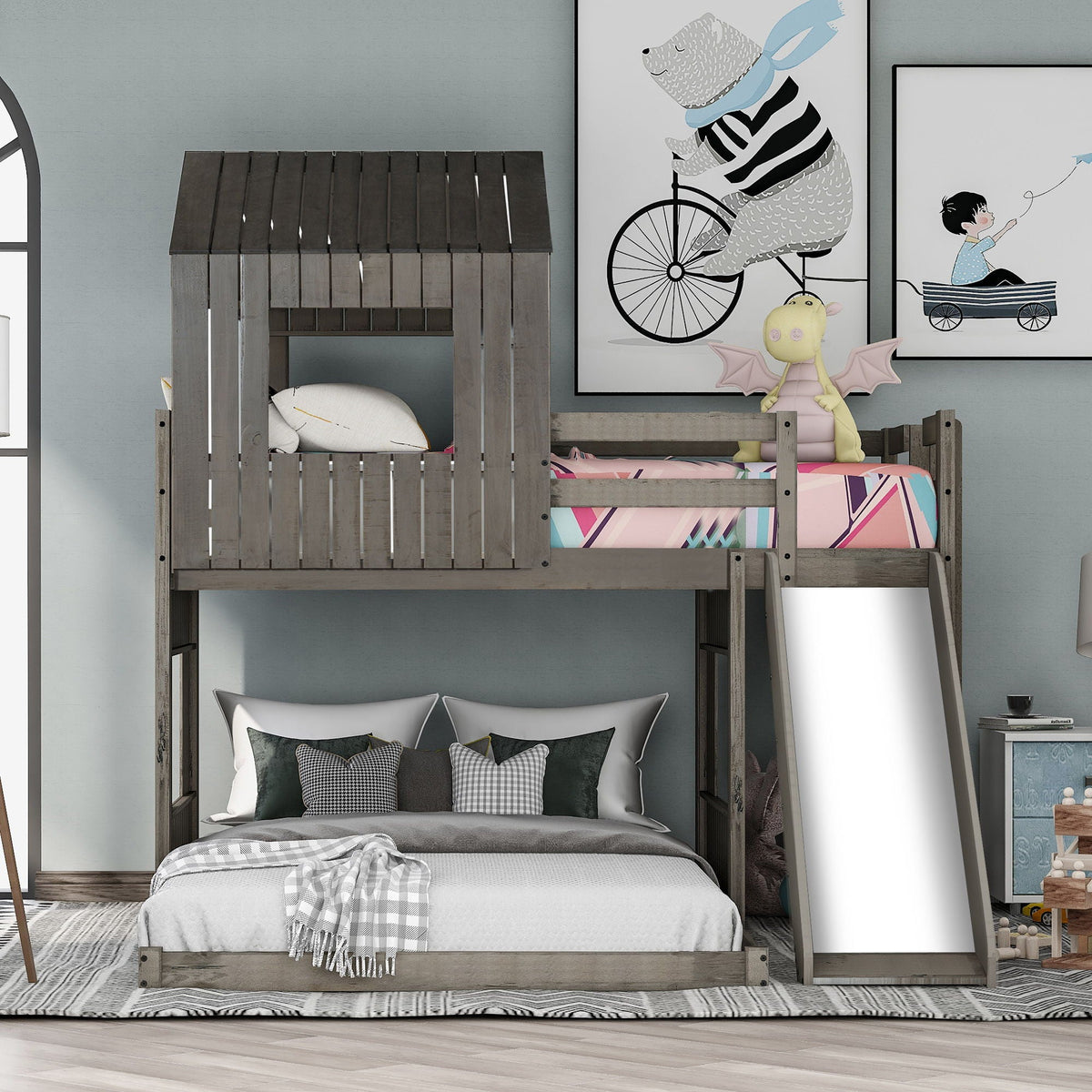 Loft bunk bed with playhouse in weathered gray wood by HouseOfZazla, with ladder and guardrails on Tampa Home & Garden Store
