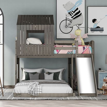 Loft bunk bed with playhouse in weathered gray wood by HouseOfZazla, with ladder and guardrails on Tampa Home & Garden Store