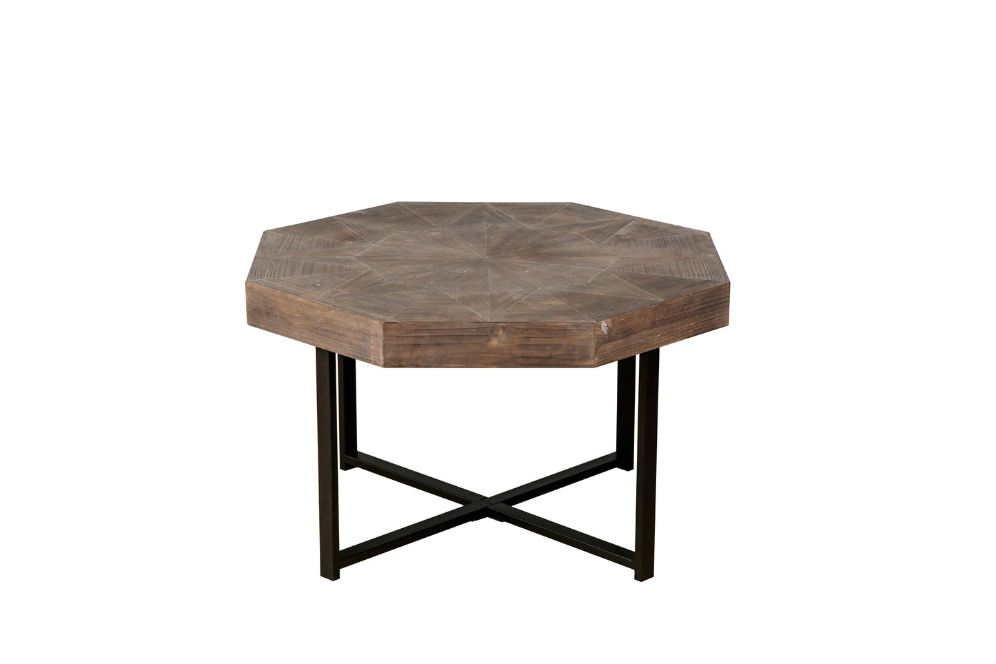 Wood Octagonal Vintage Patchwork Coffee Table with geometric top and black metal legs on Tampa Home & Garden Store