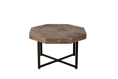 Wood Octagonal Vintage Patchwork Coffee Table with geometric top and black metal legs on Tampa Home & Garden Store