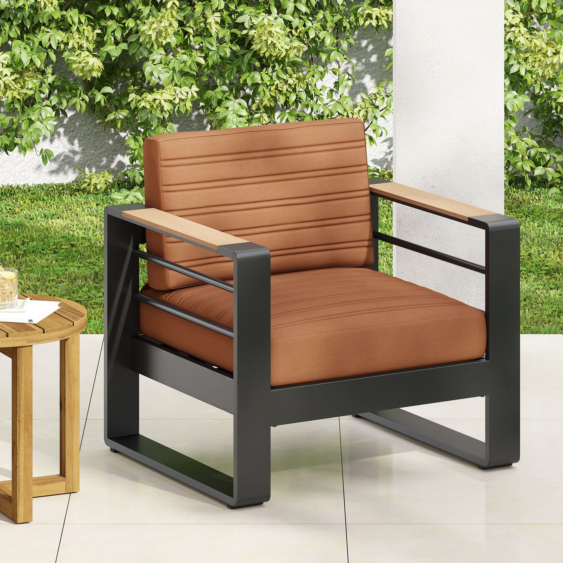 Giovanna Club Chair with aluminum frame and brown cushions, arm chair by HouseOfZazla on Tampa Home & Garden Store