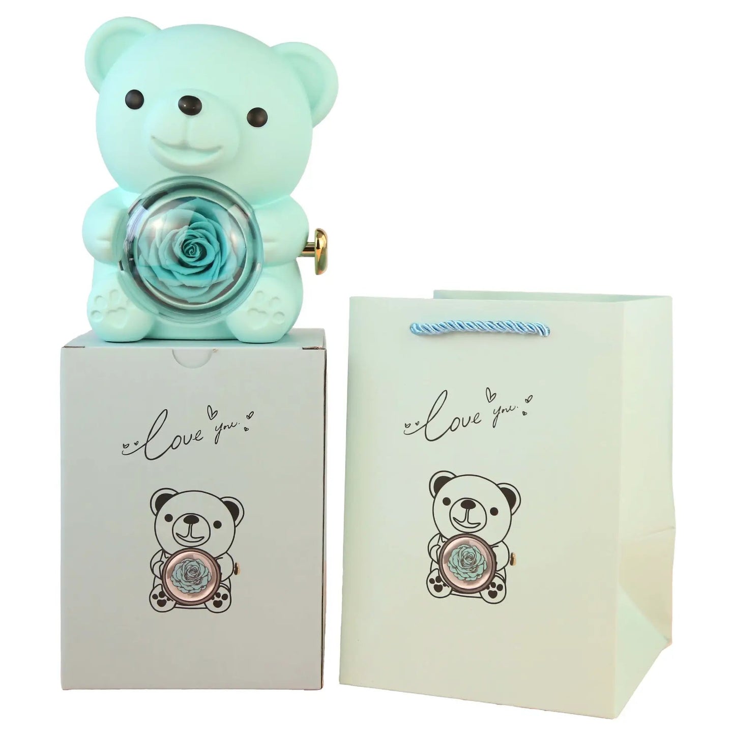 Eternal Rose Teddy Bear Gift Box with necklace bear holds glass rose orb beside 2 panda boxes on Tampa Home & Garden Store