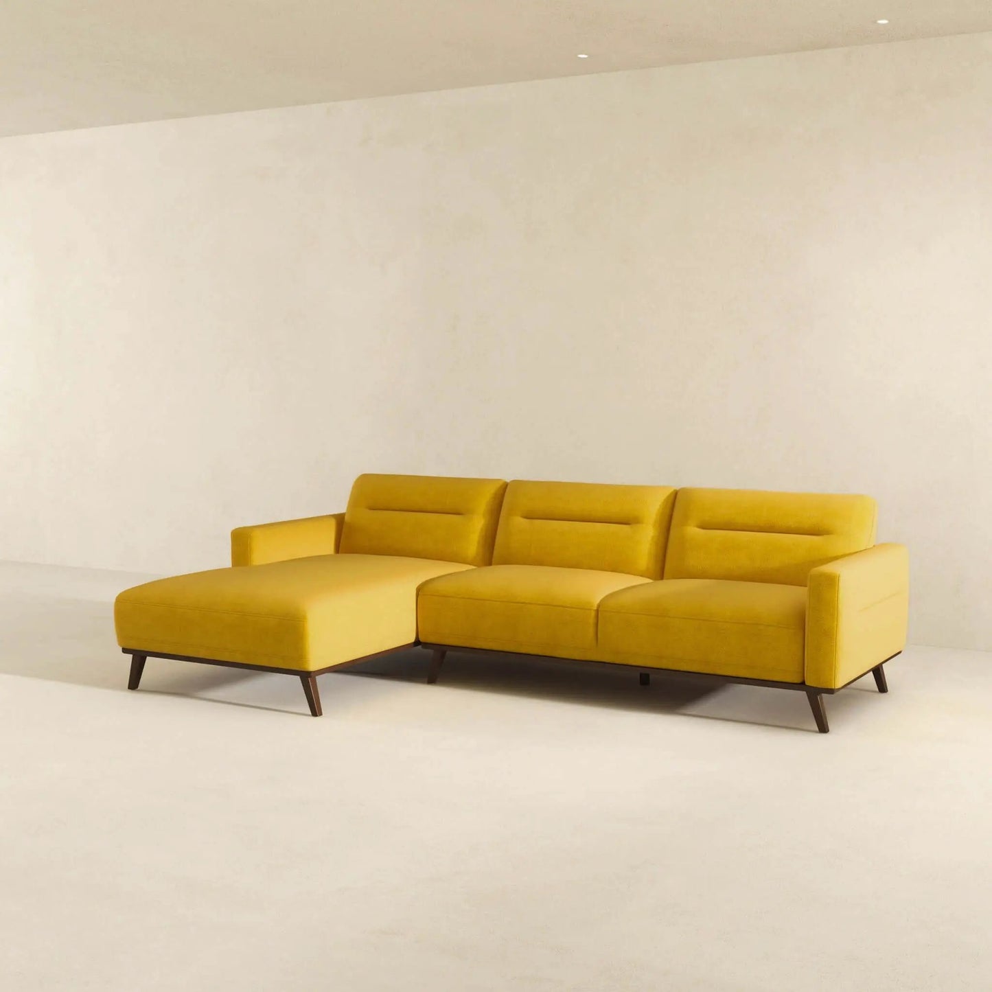 Ella L-Shaped Sectional Couch in mustard-yellow fabric with angled dark metal legs on Tampa Home & Garden Store