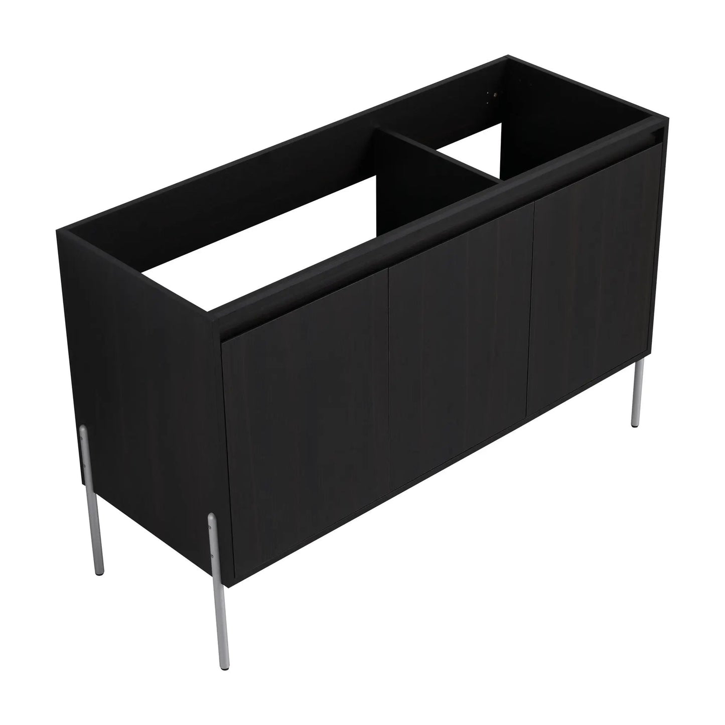 Freestanding bathroom vanity cabinet by Unique Piece Furniture in black with soft-close doors and metal legs on Tampa Home & Garden Store