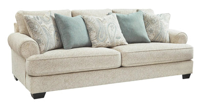 Monaghan sandstone sofa by Unique Piece Furniture, beige fabric with 5 teal cushions on Tampa Home & Garden Store