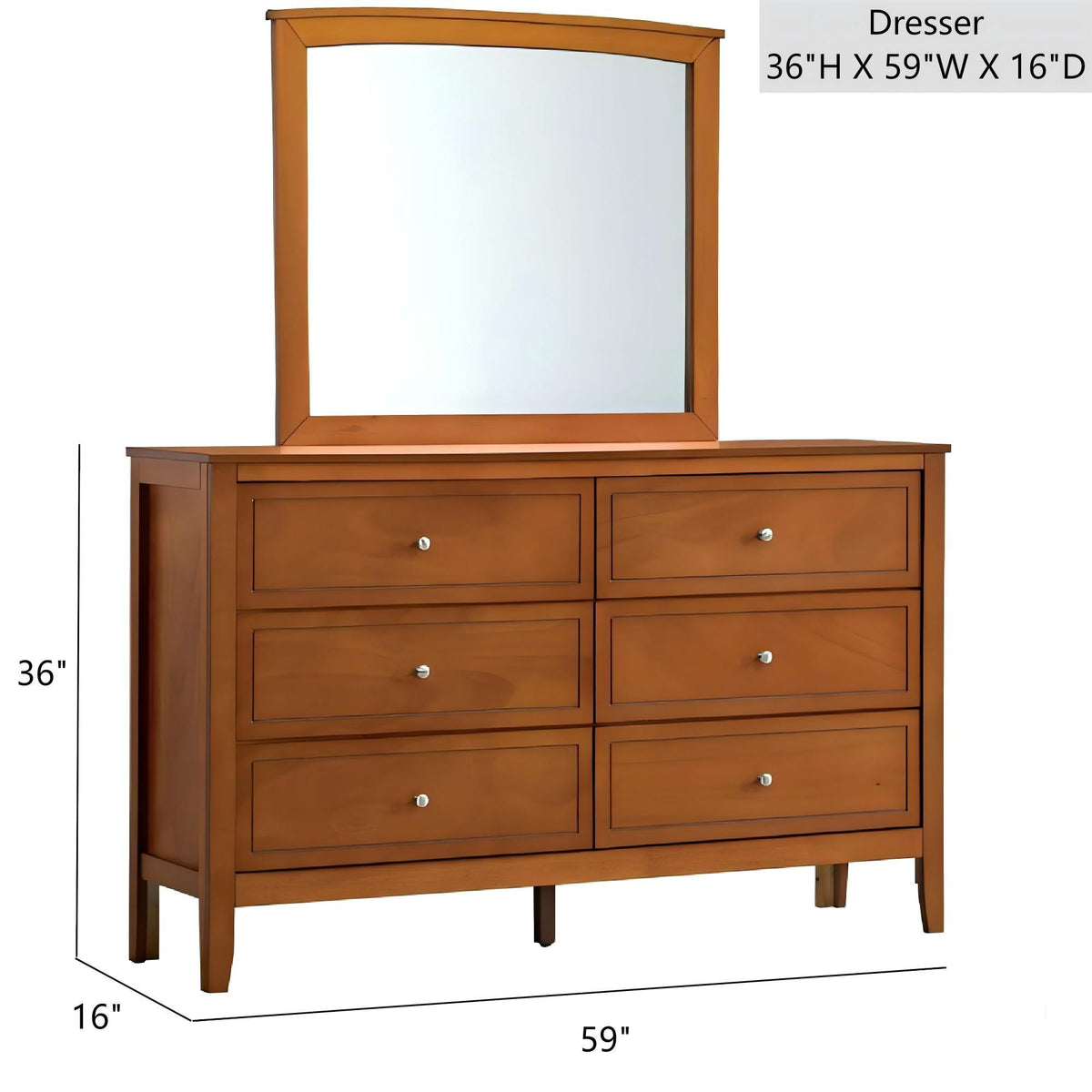 Spacious 6-drawer dresser with a matching mirror, warm brown wood finish, metal hardware on Tampa Home & Garden Store
