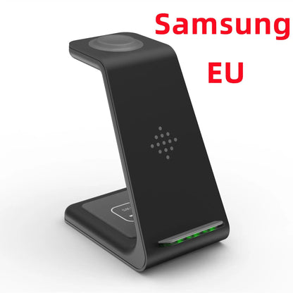Samsung black 3-in-1 wireless charging station with circular top pad and phone on stand on Tampa Home & Garden Store