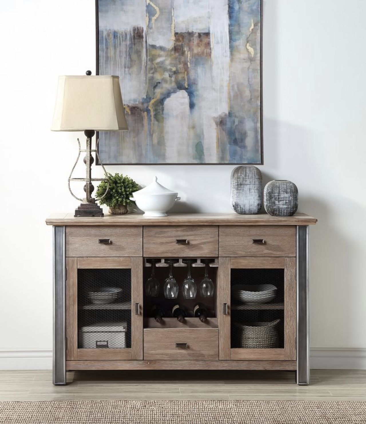 Nathaniel Server maple finish, wood sideboard with glass doors and wine rack by HouseOfZazla on Tampa Home & Garden Store