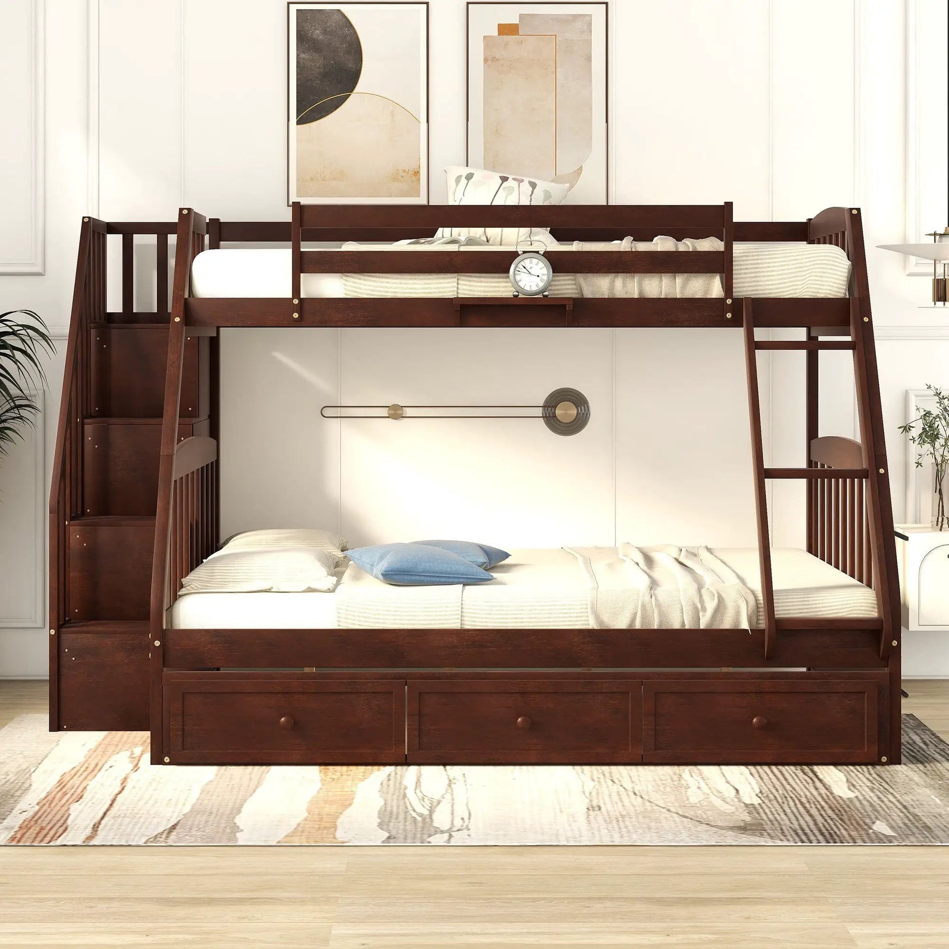 Twin-over-twin bunk bed with drawers and storage staircase in dark wood by Unique Piece Furniture on Tampa Home & Garden Store