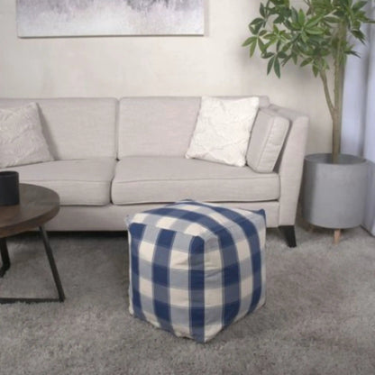 Connor Checkered Square Pouf Ottoman Floor Cushion in ivory navy plaid fabric on Tampa Home & Garden Store