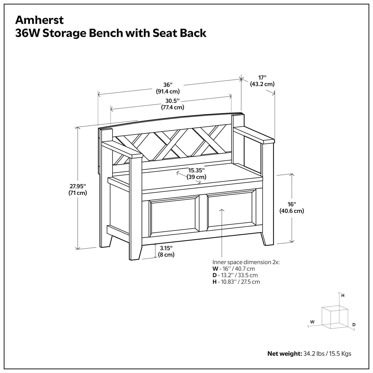 Amherst Small Transitional Entryway Storage Bench