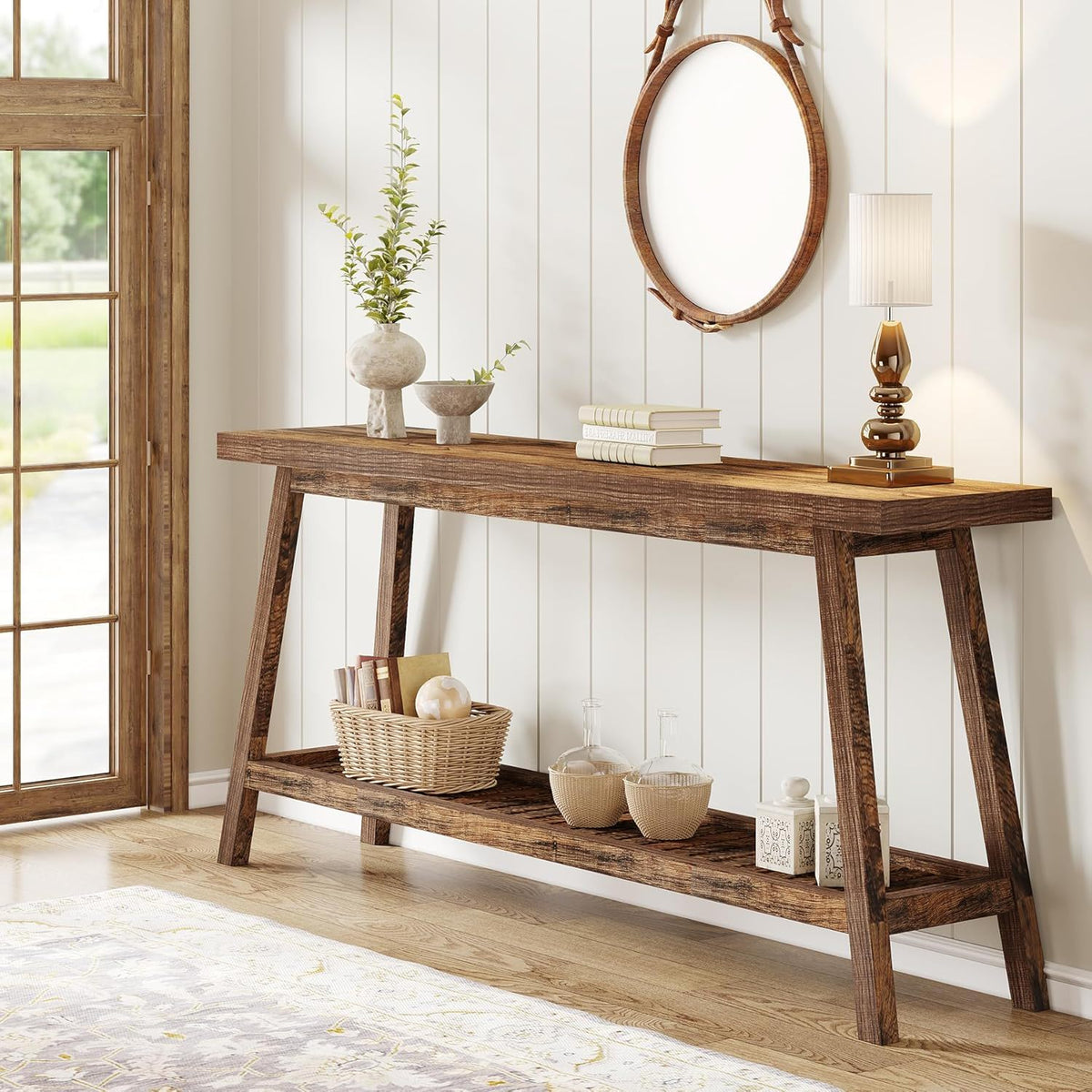 Extra Long Console Table with 2-Tier Open Storage in brown wood farmhouse style on Tampa Home & Garden Store