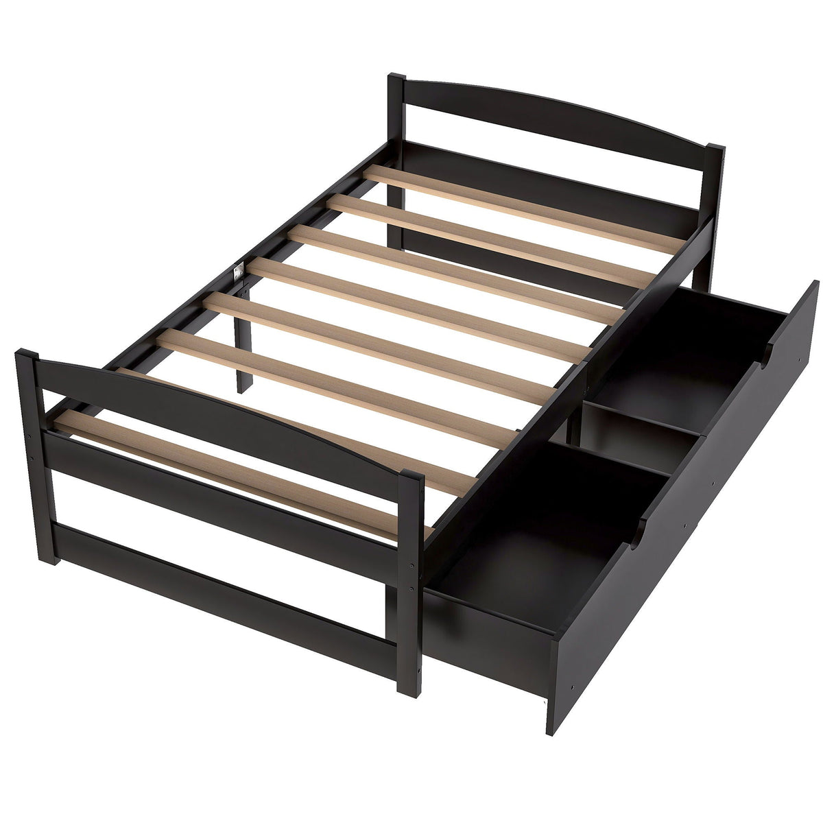 Platform bed with 2 built-in drawers, black metal frame and light wood slats on Tampa Home & Garden Store
