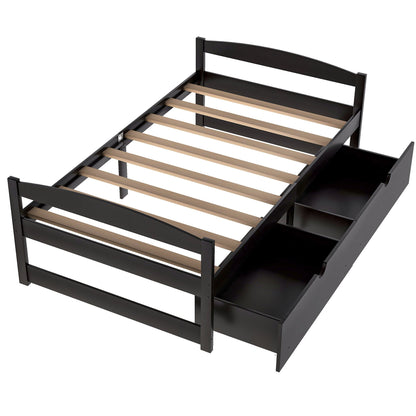 Platform bed with 2 built-in drawers, black metal frame and light wood slats on Tampa Home & Garden Store
