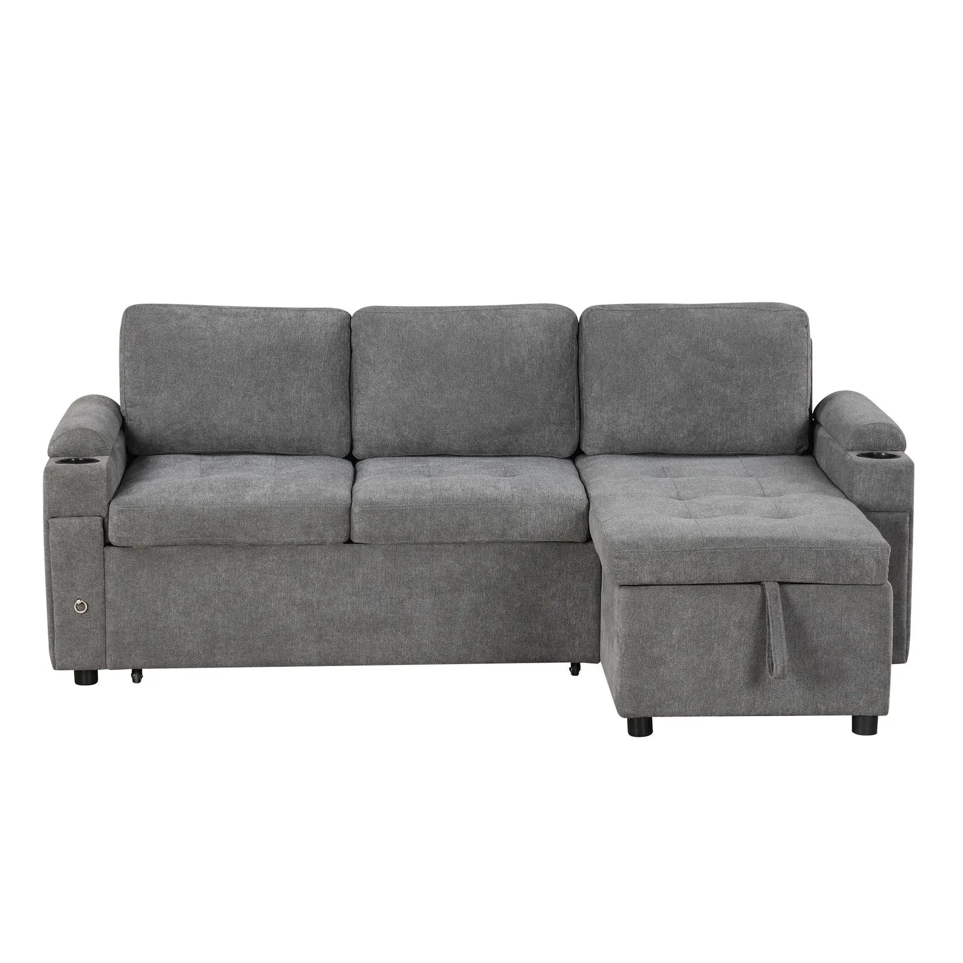 Gray three-seat sectional sofa with cup holders in armrests and plush cushions on Tampa Home & Garden Store