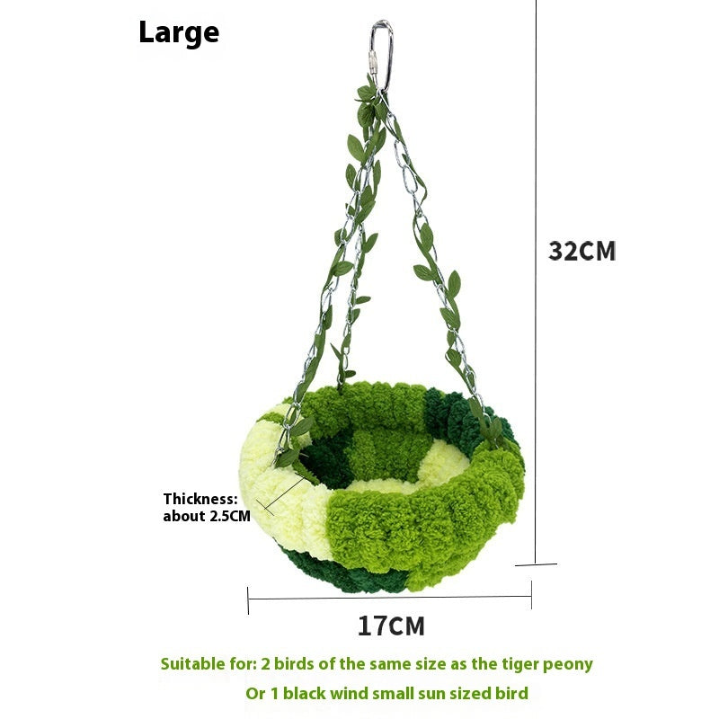Forest Style Plush Hammock Bird Nest hanging in green gradient with leafy vine hangers large on Tampa Home & Garden Store