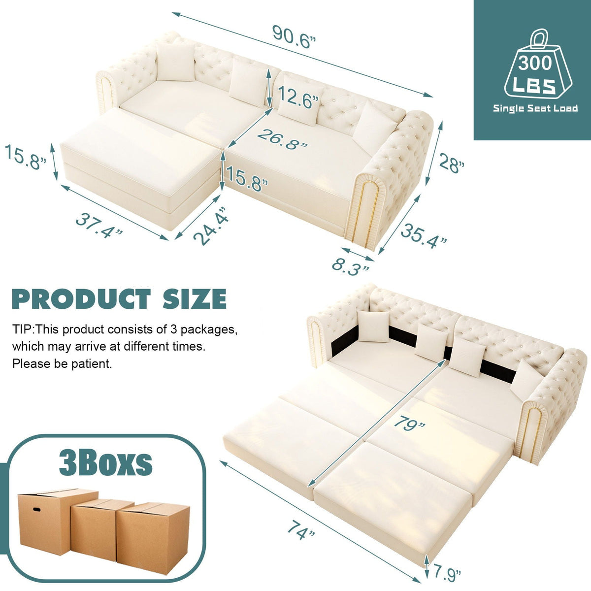 3 In 1 Convertible Sofa and Ottoman Bed