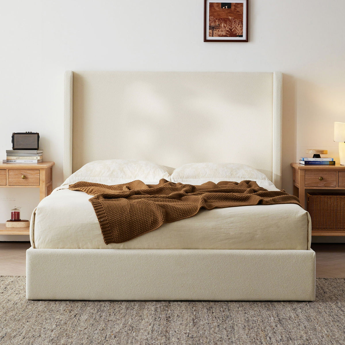 Carmen King Size Upholstered Wingback Bed Ivory with brown knit throw on Tampa Home & Garden Store