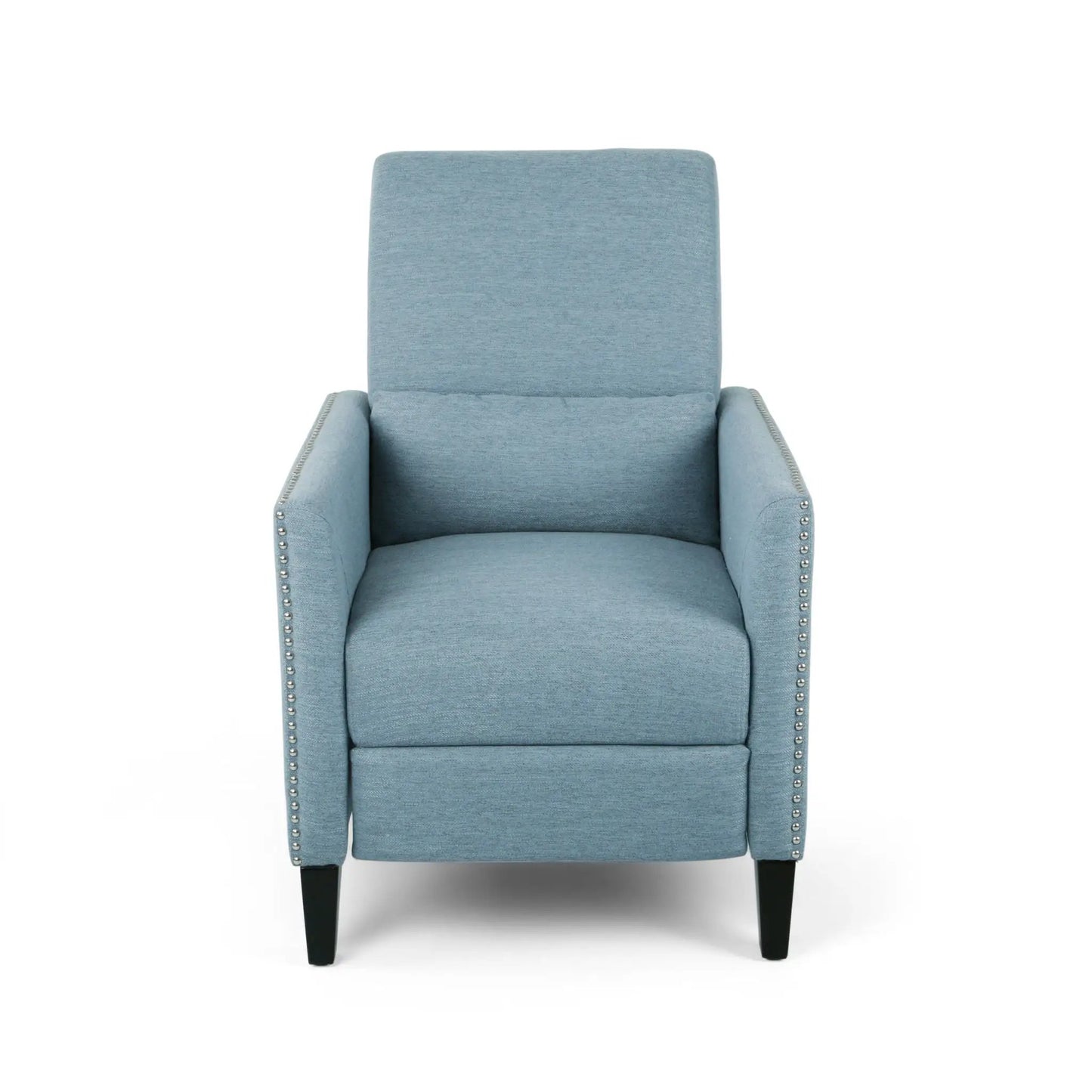 Repose upholstered recliner chair in light blue fabric with nailhead trim and dark wood legs on Tampa Home & Garden Store